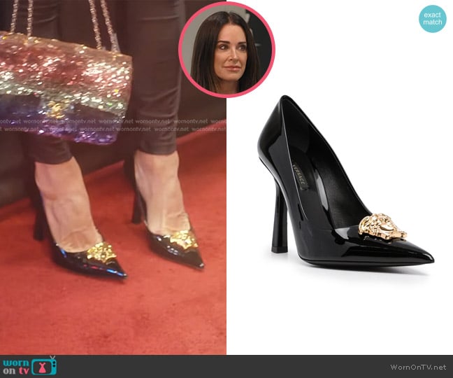 Versace La Medusa Patent-leather Pumps worn by Kyle Richards on The Real Housewives of Beverly Hills