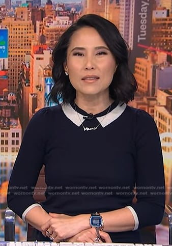 Vicky’s navy collar print sweater on NBC News Daily