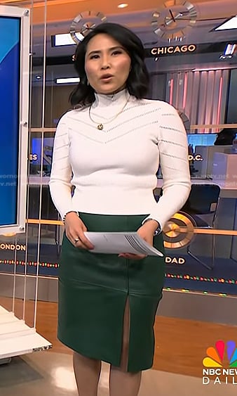 Vicky’s white turtleneck sweater and green leather skirt on NBC News Daily