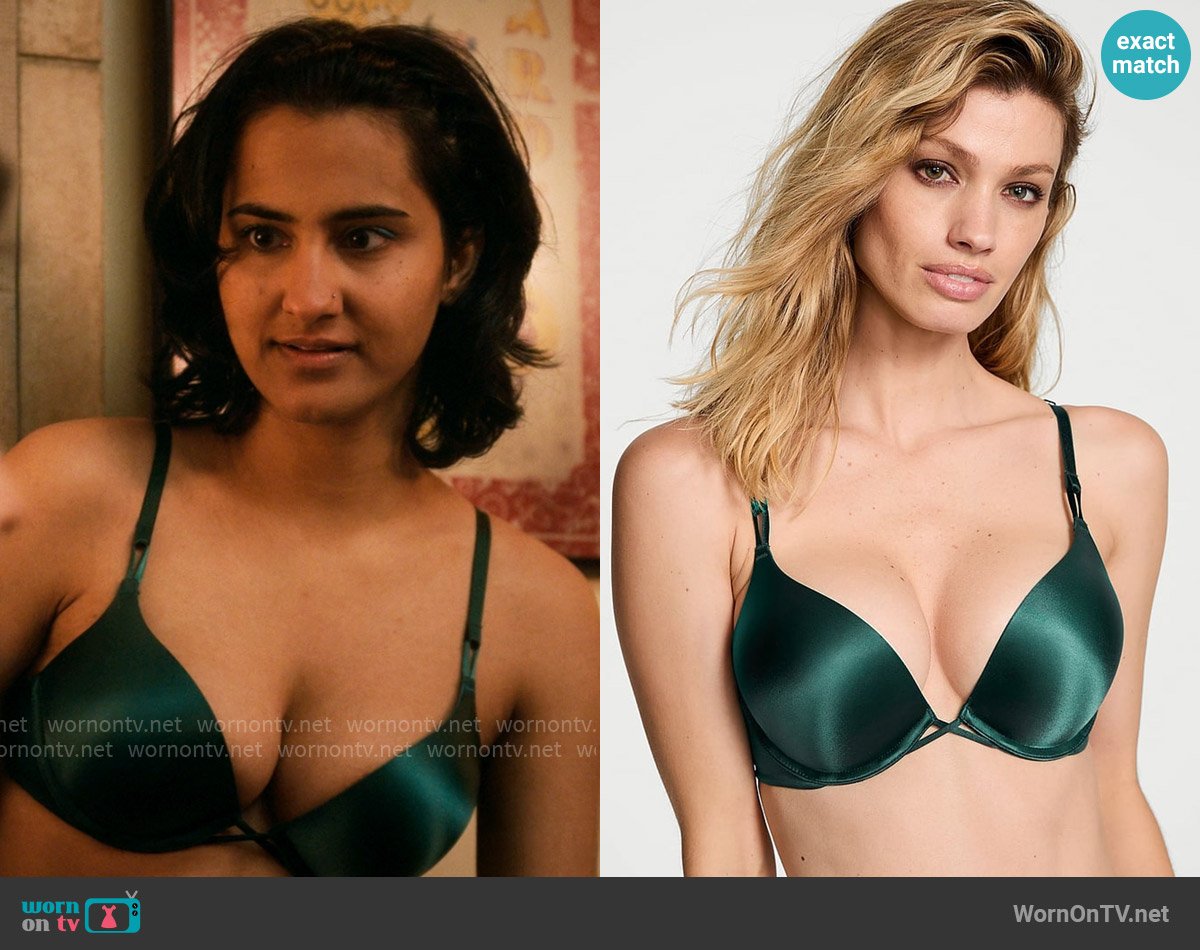 Victorias Secret Bombshell Add 2 Cups Push Up Bra in Botanical Green worn by Bela Malhotra (Amrit Kaur) on The Sex Lives of College Girls