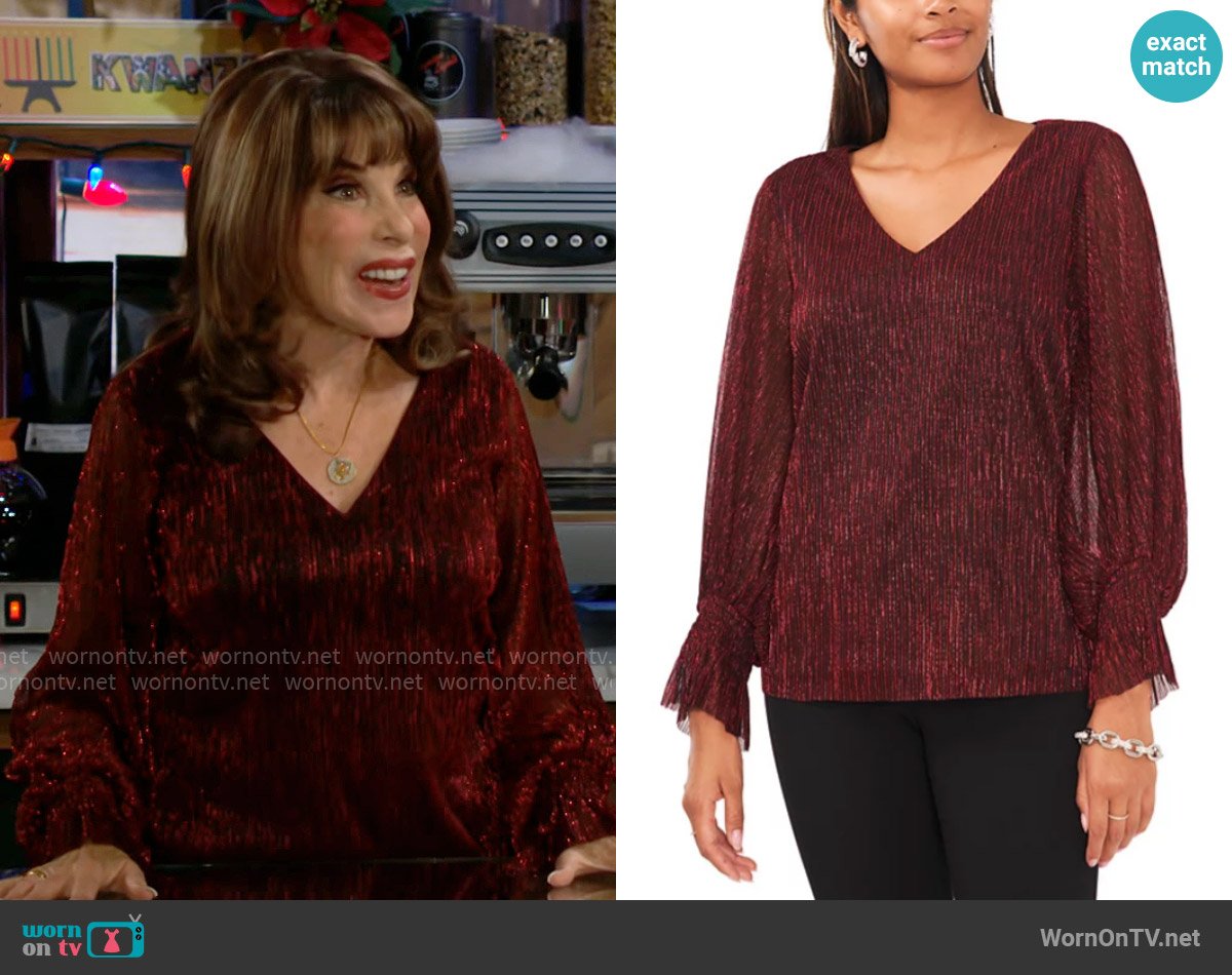 Vince Camuto Metallic V-Neck Sheer-Sleeve Top worn by Esther Valentine (Kate Linder) on The Young and the Restless