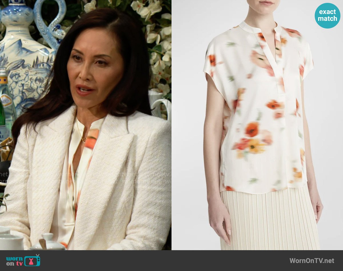 Vince Poppy Blur Band-Collar Popover Silk Blouse worn by Li Finnegan (Naomi Matsuda) on The Bold and the Beautiful