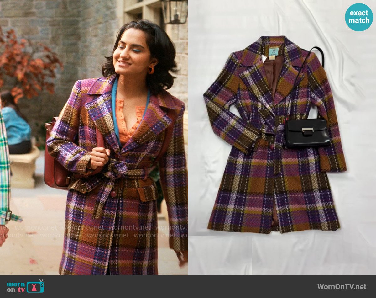  Vintage Plaid Coat  worn by Bela Malhotra (Amrit Kaur) on The Sex Lives of College Girls