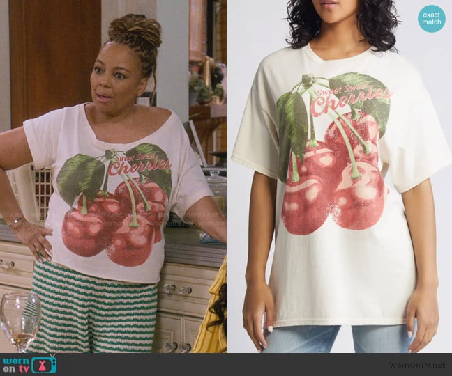 Vinyl Icons Cherries Cotton Graphic T-Shirt worn by Regina Upshaw (Kim Fields) on The Upshaws