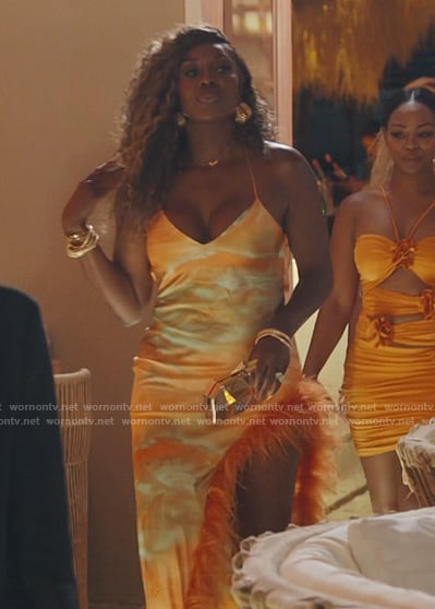 Wendy's orange feather trim dress on The Real Housewives of Potomac