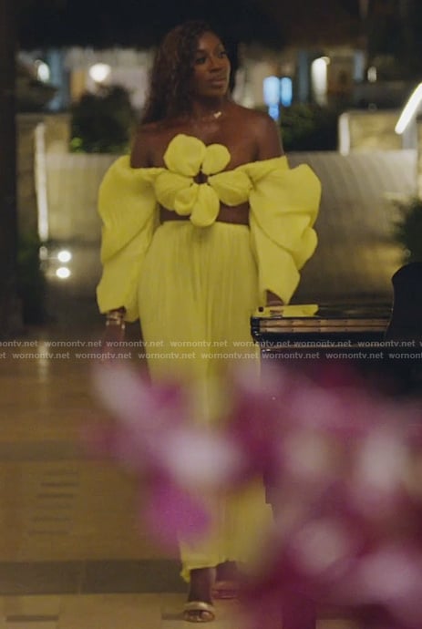 Wendy's yellow floral applique top and skirt on The Real Housewives of Potomac