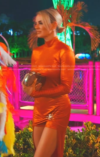 Whitney's metallic orange asymmetric dress on The Real Housewives of Salt Lake City