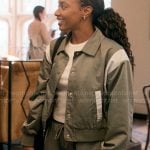 Whitney’s olive green jacket and pants set on The Sex Lives of College Girls