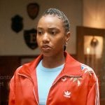 Whitney’s red floral embroidered Adidas jacket on The Sex Lives of College Girls