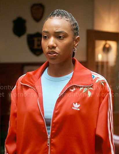 Whitney's red floral embroidered Adidas jacket on The Sex Lives of College Girls