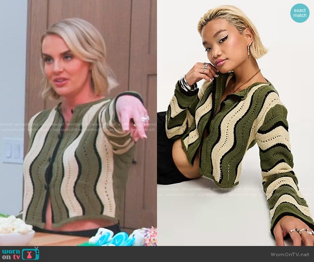 Emory Park Wave Effect Crochet Knit Cardigan in olive and beige worn by Whitney Rose on The Real Housewives of Salt Lake City