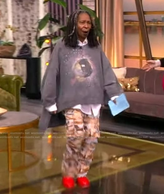 Whoopi’s printed sweatshirt and cargo pants on The View