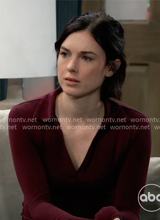 Willow's burgundy collared top on General Hospital