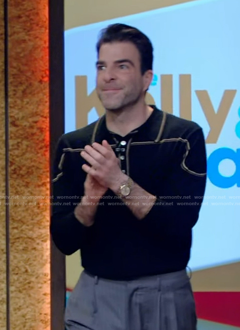 Zachary Quinto’s black contrast trim polo on Live with Kelly and Mark