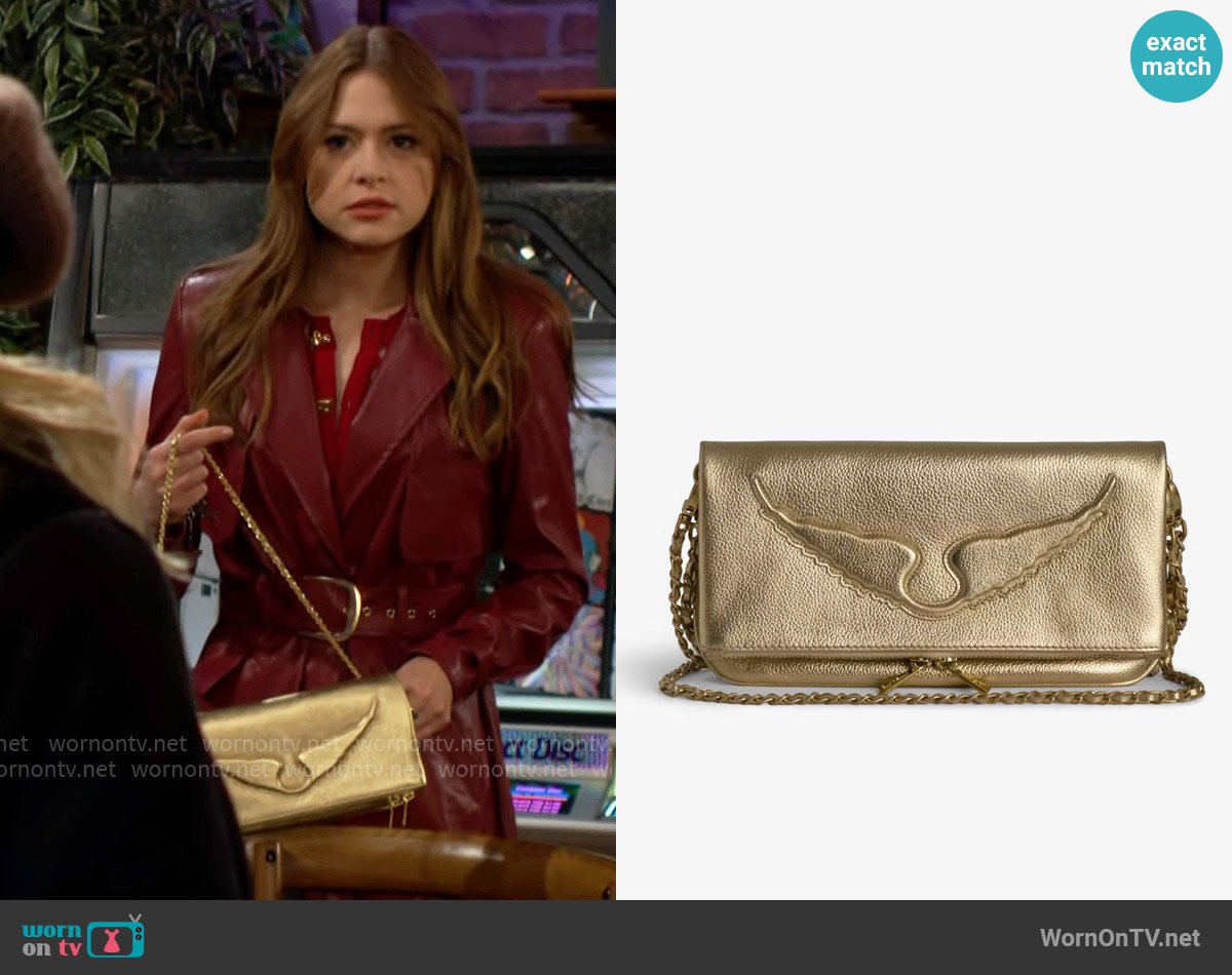 Zadig & Voltaire Rock Wings Metallic Grained Leather Clutch worn by Claire Grace (Hayley Erin) on The Young and the Restless