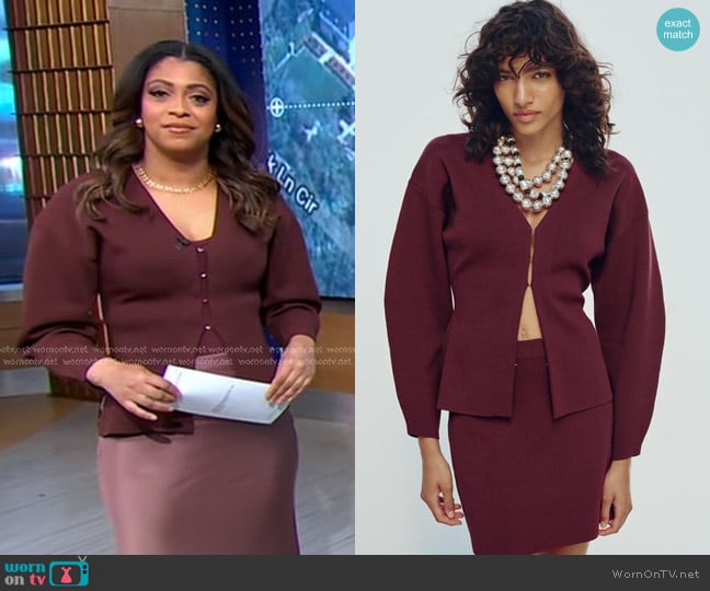 Zara Fitted Waist Plain Knit Cardigan in Burgundy worn by Morgan Norwood on Good Morning America