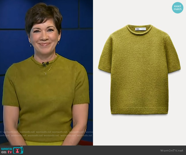 Zara Soft Short Sleeve Knit Sweater in Green worn by Kelly Cobiella on Today