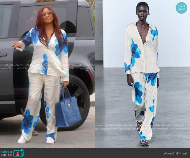 Zara Flowing Printed Shirt and Trousers worn by Garcelle Beauvais on The Real Housewives of Beverly Hills