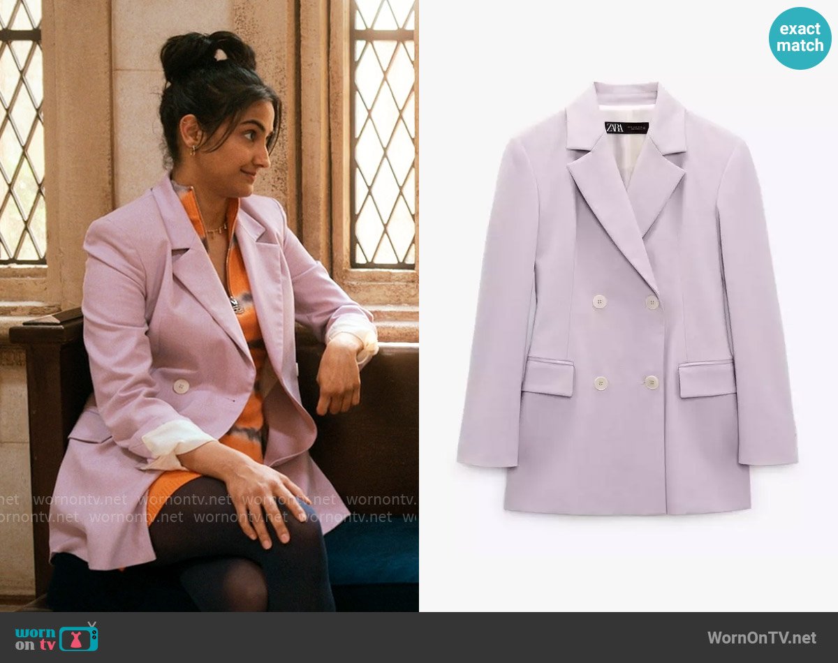 Zara Tailored Double Breasted Blazer worn by Bela Malhotra (Amrit Kaur) on The Sex Lives of College Girls