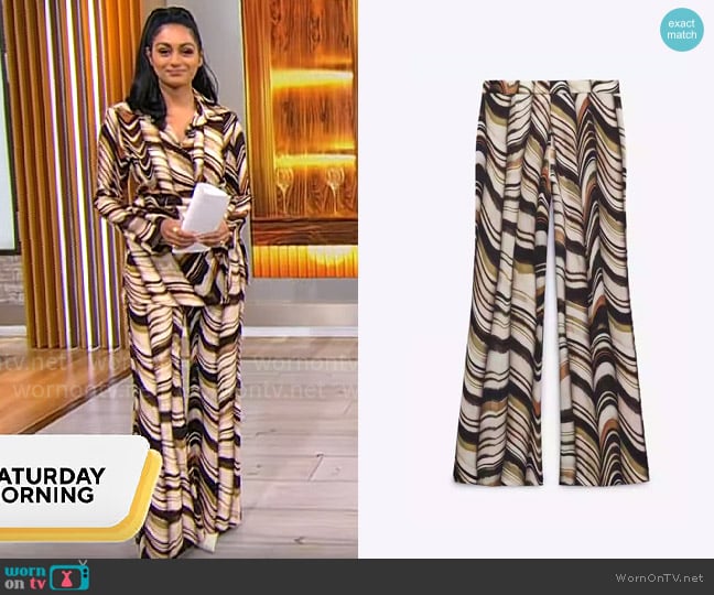 Zara High Waisted Marble Printed Flare Pants worn by Shanelle Kaul on CBS Mornings