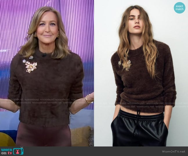 Zara Faux Fur Knit Sweater with Brooches worn by Lara Spencer on Good Morning America