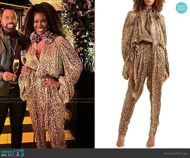 Zimmermann Gathered Washed-silk Jumpsuit in Animal Print worn by Bozoma Saint John on The Real Housewives of Beverly Hills