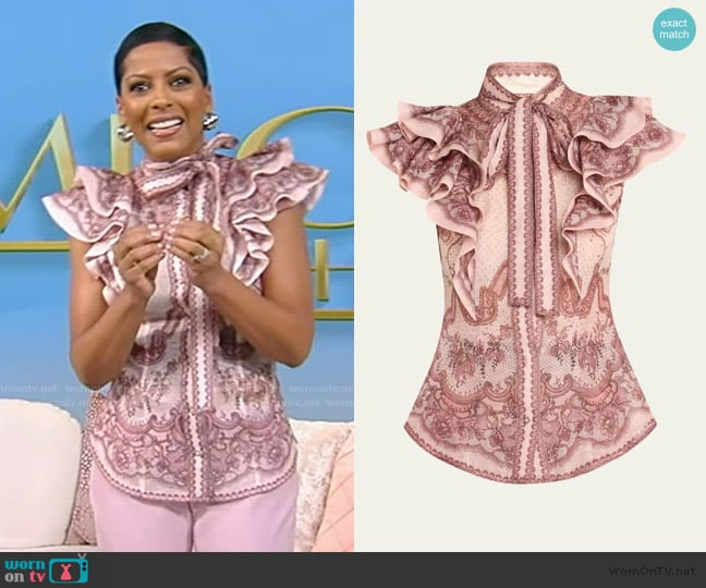 Zimmermann Crush Frilled Fitted Blouse worn by Tamron Hall on Tamron Hall Show