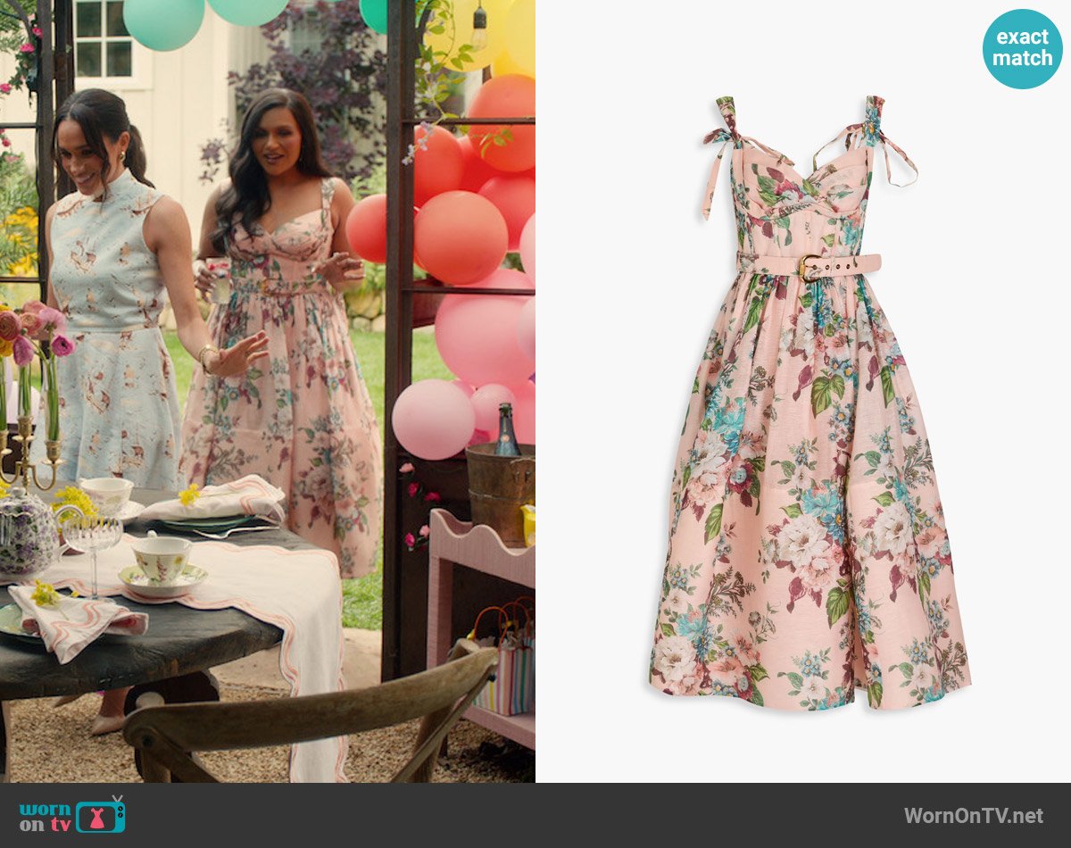 Zimmermann Floral-print linen and silk-blend gauze midi dress worn by Mindy Kaling on With Love, Meghan