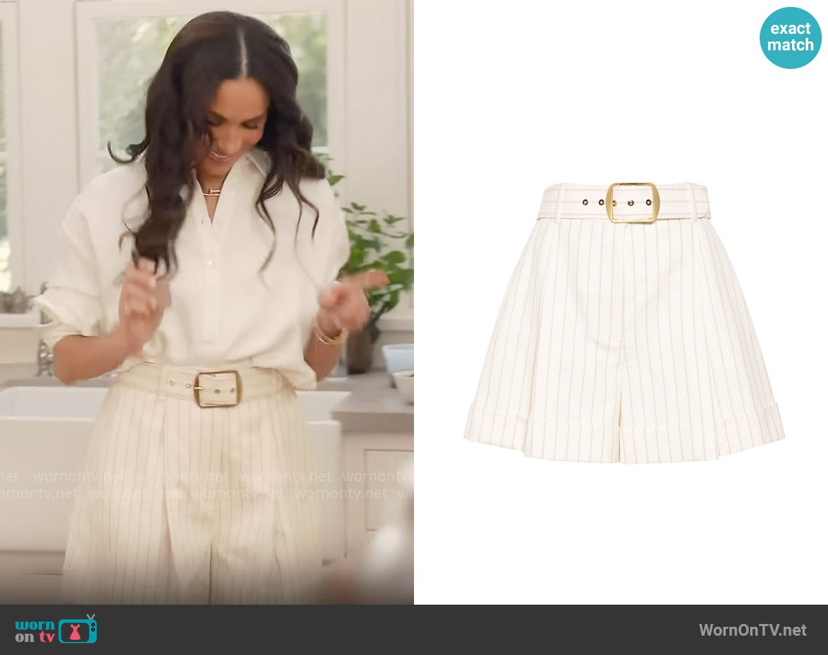 Zimmermann Tranquility Striped Shorts worn by Meghan Markle on With Love, Meghan