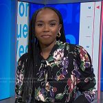 Zinhle’s black floral print tie neck blouse on NBC News Daily