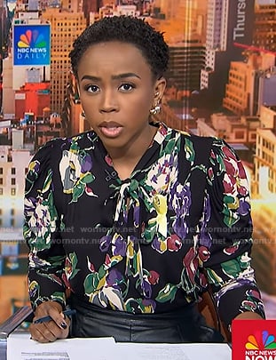 Zinhle's black floral print tie neck blouse on NBC News Daily