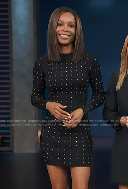 Zuri’s black rhinestone embellished dress on Access Hollywood