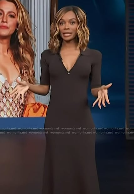 Zuri's brown polo knit dress on Access Hollywood