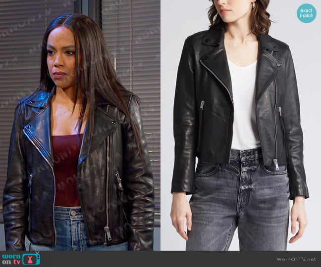 All Saints Dalby Leather Biker Jacket in Black/ Silver worn by Jada Hunter (Elia Cantu) on Days of our Lives