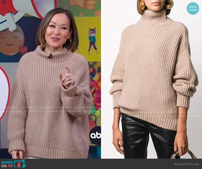 Anine Bing Sydney Sweater in Camel worn by Eva Pilgrim on Good Morning America