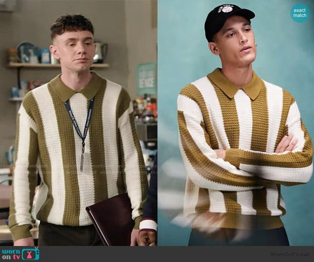 Asos Relaxed boxy fit knit polo sweater in khaki stripe worn by Jacob Hill (Chris Perfetti) on Abbott Elementary