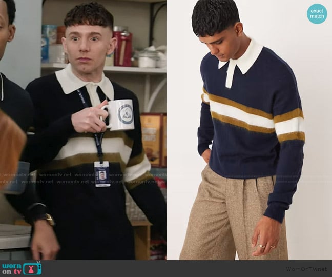 ASOS Relaxed knitted rugby polo sweater in navy with stripe worn by Jacob Hill (Chris Perfetti) on Abbott Elementary