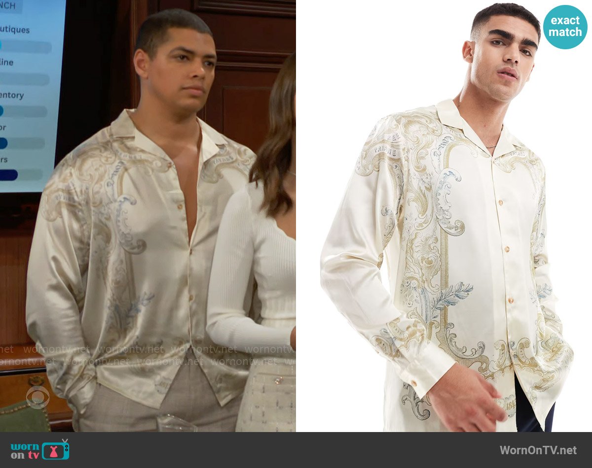 ASOS Design Relaxed revere shirt with ornate print in cream worn by Zende Forrester Dominguez (Delon De Metz) on The Bold and the Beautiful