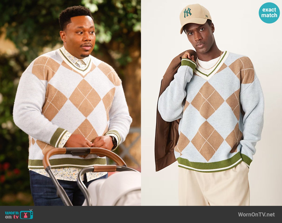 ASOS Design Relaxed knit sweater in blue and brown argyle pattern worn by Marty (Marcel Spears) on The Neighborhood