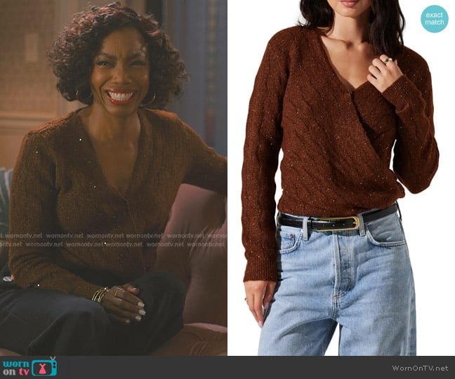 ASTR The Label Metallic Sequin Surplice Cable Stitch Sweater worn by Helen Decatur (Heather Headley) on Sweet Magnolias