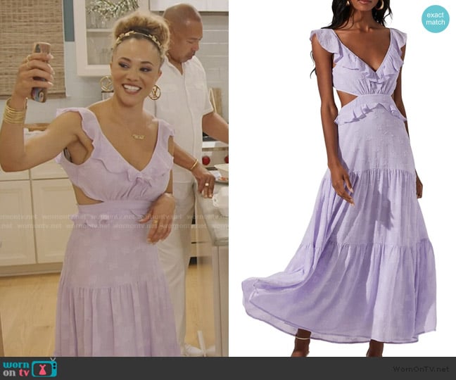 ASTR the label Ruffle Cutout Maxi Dress worn by Ashley Darby on The Real Housewives of Potomac