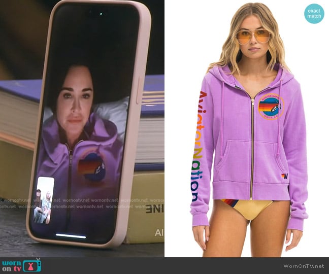 Aviator Nation Zip Hoodie in Neon Purple worn by Kyle Richards on The Real Housewives of Beverly Hills