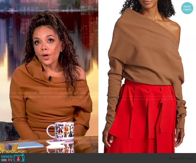 A.W.A.K.E. Mode Draped One Shoulder Top worn by Sunny Hostin on The View