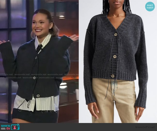 Olivia Holt’s gray cardigan on The Kelly Clarkson Show