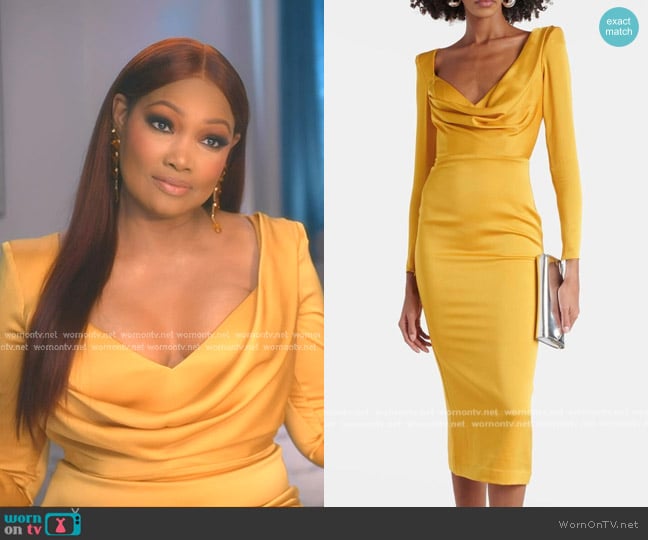 Alex Perry Draped Satin crêpe Midi Dress worn by Garcelle Beauvais on The Real Housewives of Beverly Hills