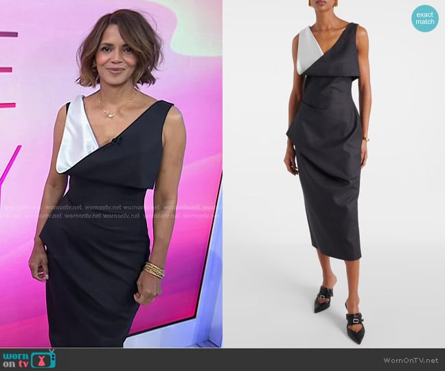 Alexander McQueen Pinstripe Draped Wool Midi Dress worn by Halle Berry on Today