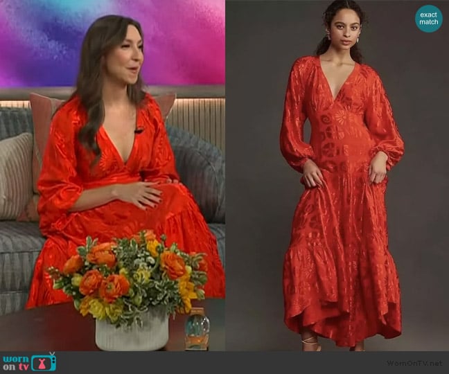 Anthropologie Long-Sleeve V-Neck Jacquard Maxi Dress worn by Sofia Kavlin on The Kelly Clarkson Show