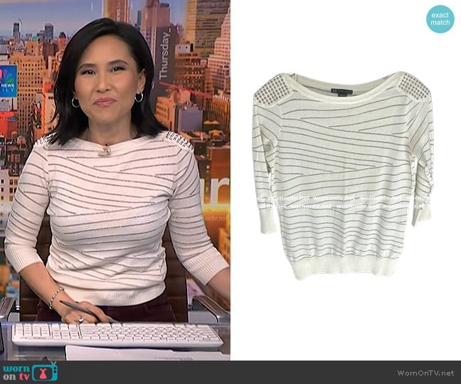 Armani Exchange Studded Shoulders Metallic Stripe Sweater worn by Vicky Nguyen on NBC News Daily