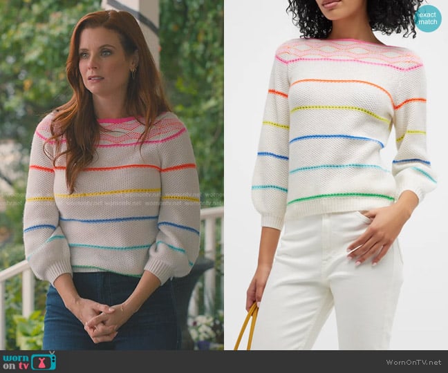 Autumn Cashmere Striped Puff-Sleeve Cashmere Sweater worn by Maddie Townsend (JoAnna Garcia Swisher) on Sweet Magnolias