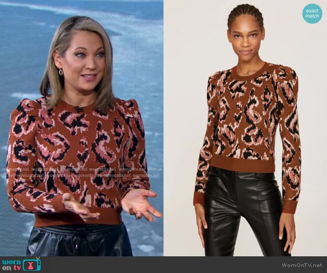 Derek Lam 10 Crosby x RTR Animal Print Sweater in Brown worn by Ginger Zee on Good Morning America